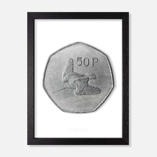 Irish 50p Coin – Woodcock by Percy Metcalfe - Coin Print - Spailpín - A4 Framed