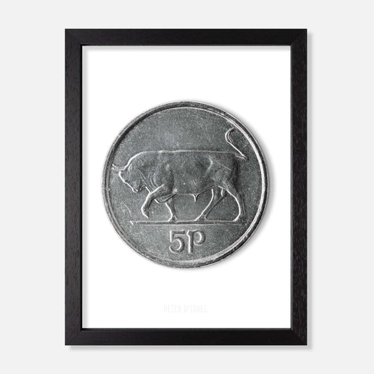 Irish 5p Coin – Bull by Percy Metcalfe - Coin Print - Spailpín - A4 Framed