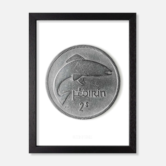 Irish Florin (Two Shillings) Coin – Salmon by Percy Metcalfe - Coin Print - Spailpín - A4 Framed
