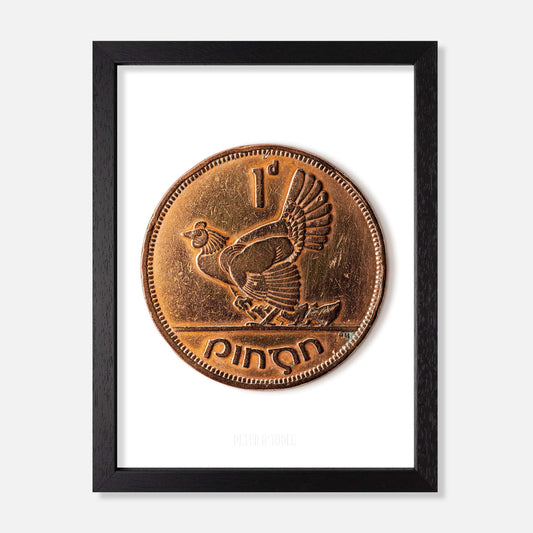 Irish One Penny (1d) Coin – Hen and Chicks by Percy Metcalfe - Coin Print - Spailpín - A4 Framed