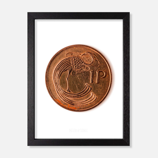 Irish One Penny (1p) Coin – Ornamental Bird by Gabriel Hayes - Coin Print - Spailpín - A4 Framed