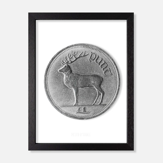 Irish One Pound (£1) Coin – Red Deer Stag by Thomas Ryan - Coin Print - Spailpín - A4 Framed