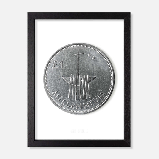 Irish Millennium One Pound (£1) Coin – Broighter Boat by Alan Ardiff & Garrett Stokes - Coin Print - Spailpín - A4 Framed