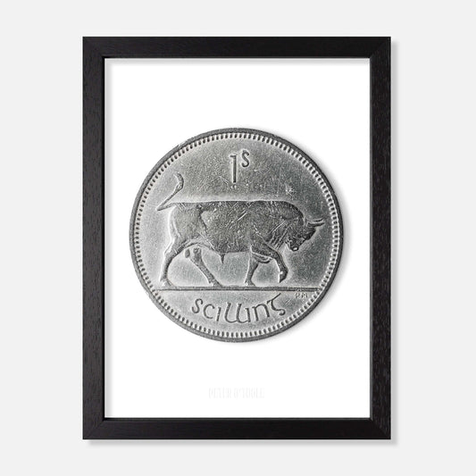 Irish One Shilling Coin – Bull by Percy Metcalfe - Coin Print - Spailpín - A4 Framed