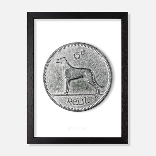 Irish Sixpence (6d) Coin – Irish Wolfhound by Percy Metcalfe - Coin Print - Spailpín - A4 Framed