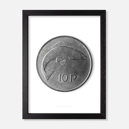 Original Irish Ten Pence (10p) Coin – Salmon by Percy Metcalfe - Coin Print - Spailpín - A4 Framed