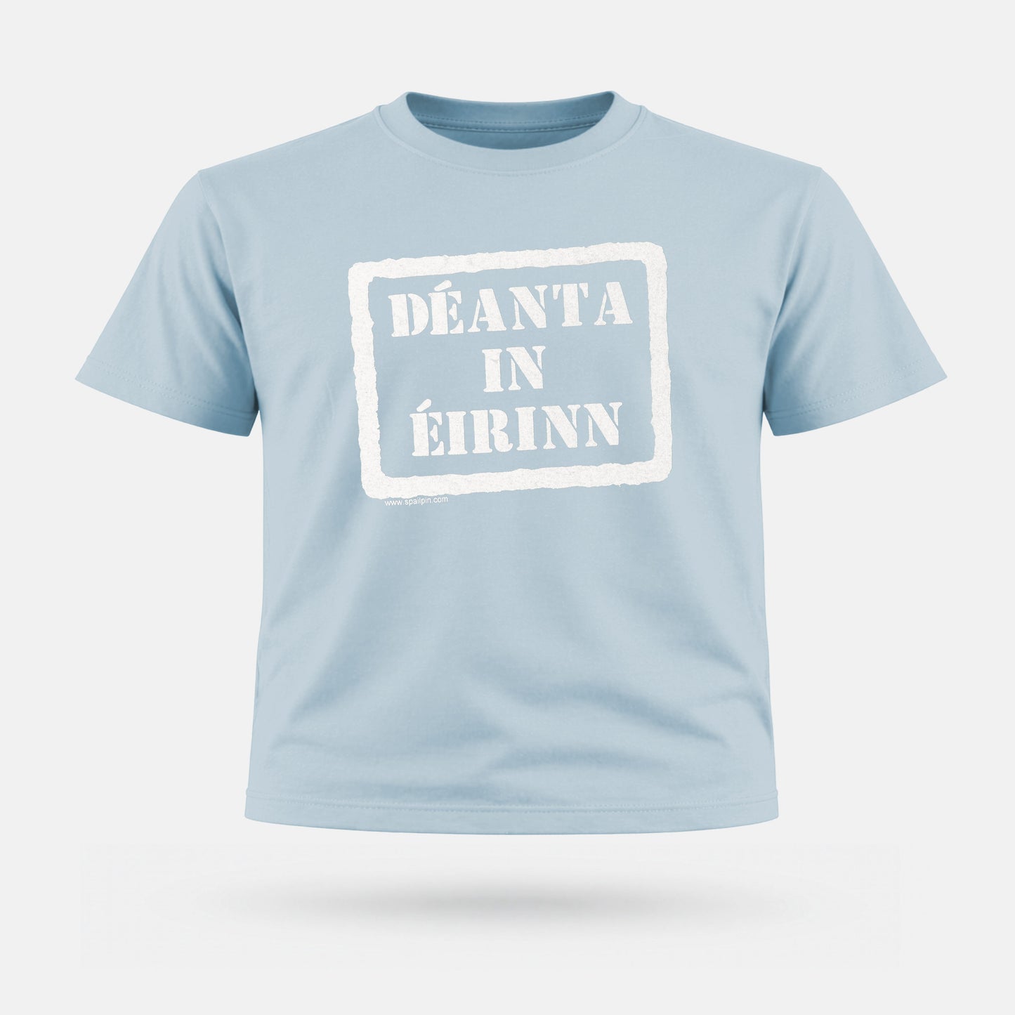 Light blue t-shirt with white text on a light gray background