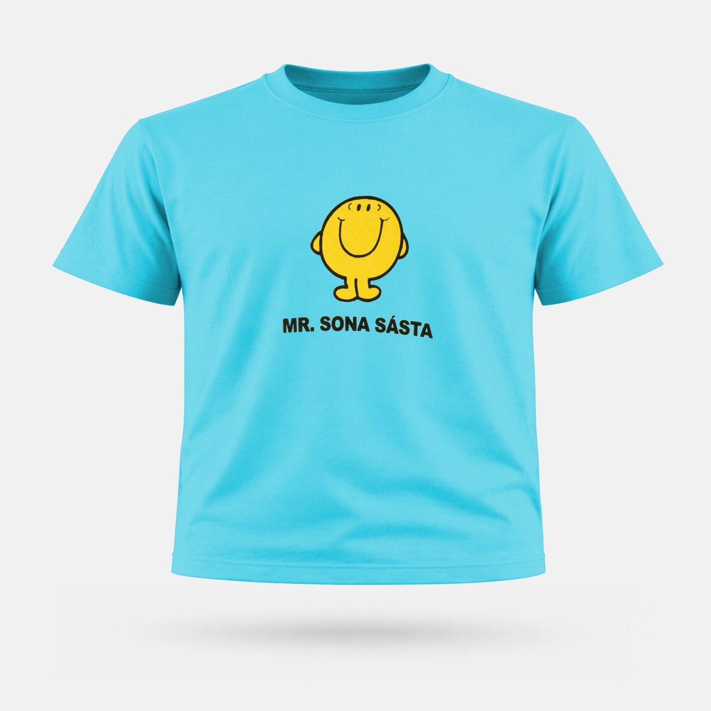 Blue t-shirt with a yellow smiley face logo and text on a white background