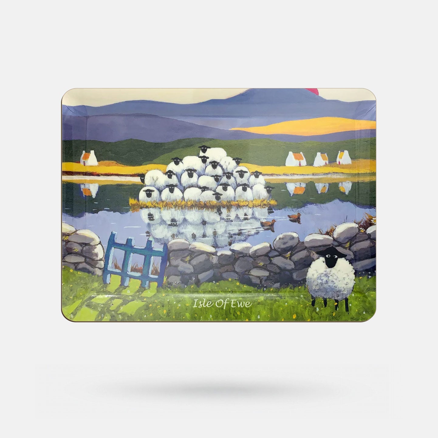 Decorative placemat with sheep and landscape design on a white background