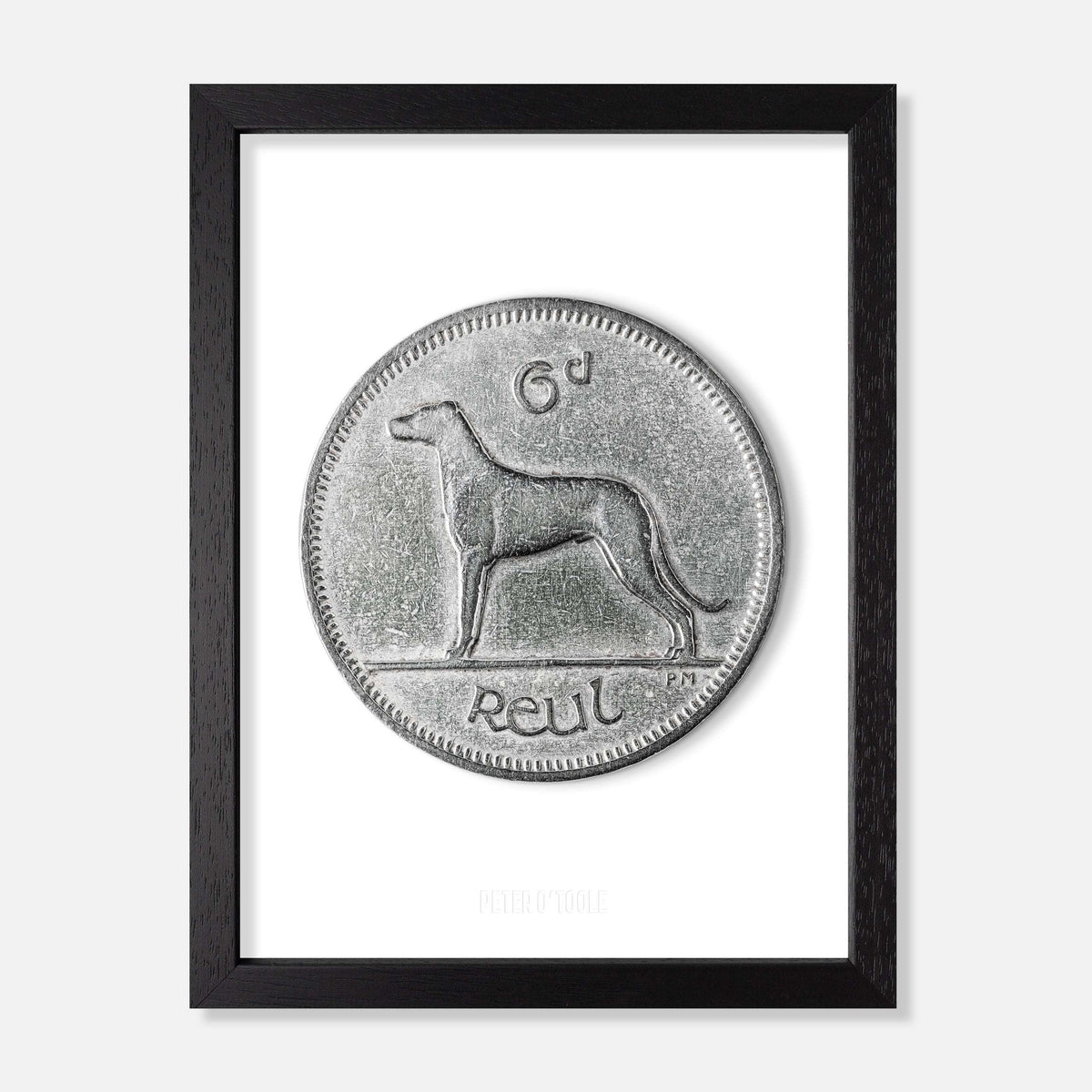 Irish Sixpence (6d) Coin – Irish Wolfhound by Percy Metcalfe - Coin Print - Spailpín - A4 Framed