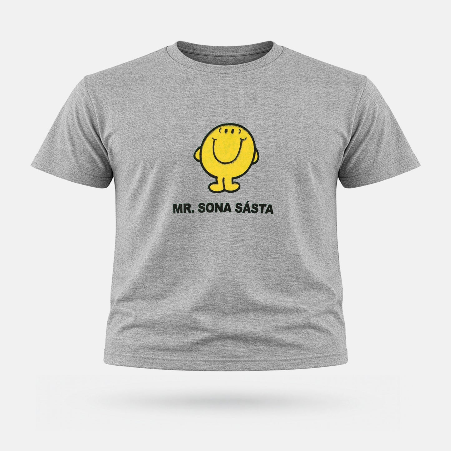 Gray t-shirt with a yellow character and text on a white background