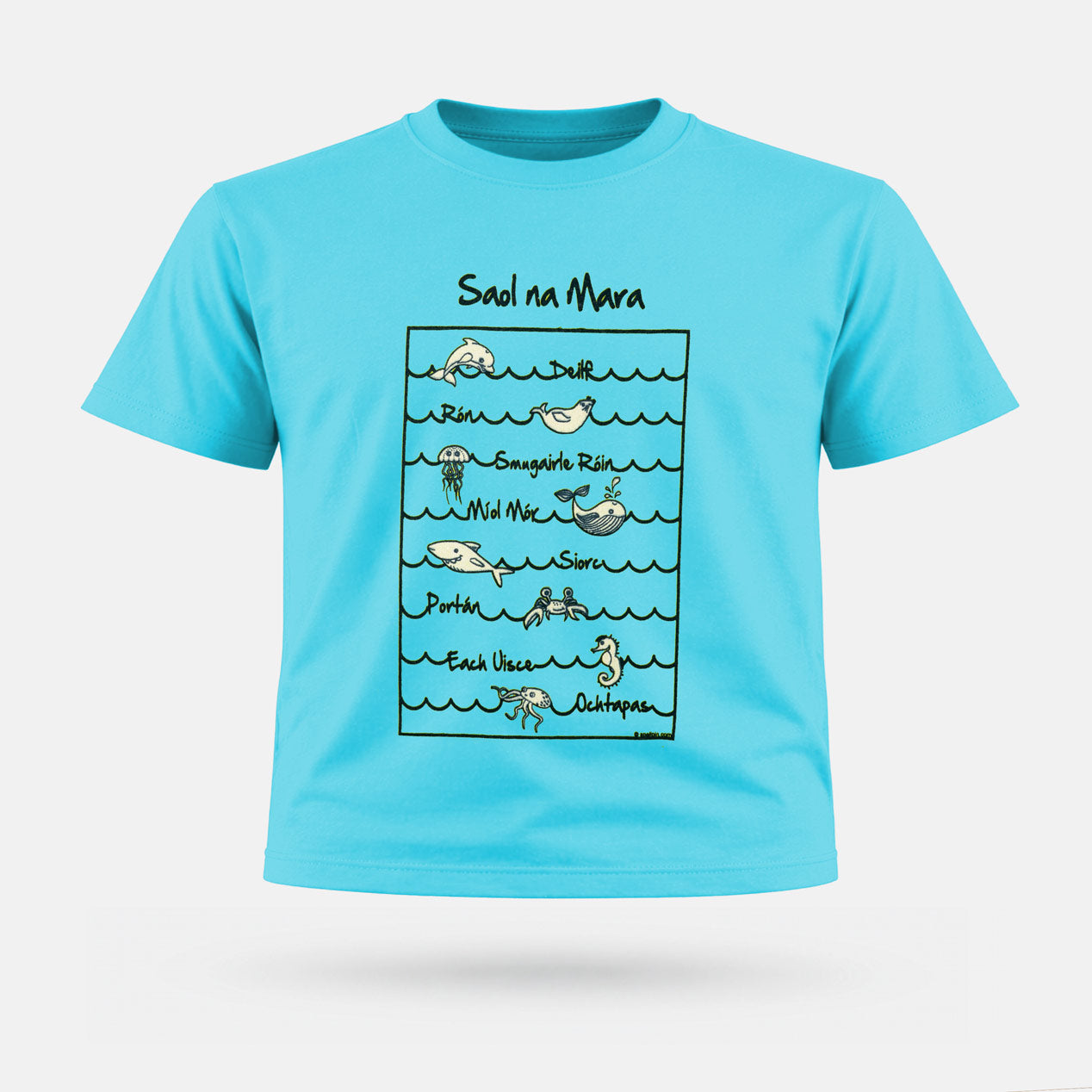 Blue t-shirt with a graphic design of marine life on a white background