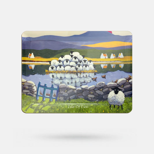 Decorative placemat with sheep and landscape design on a white background
